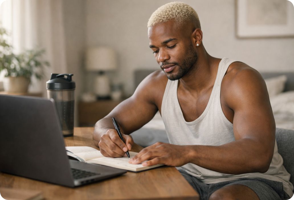 man writing in notebook