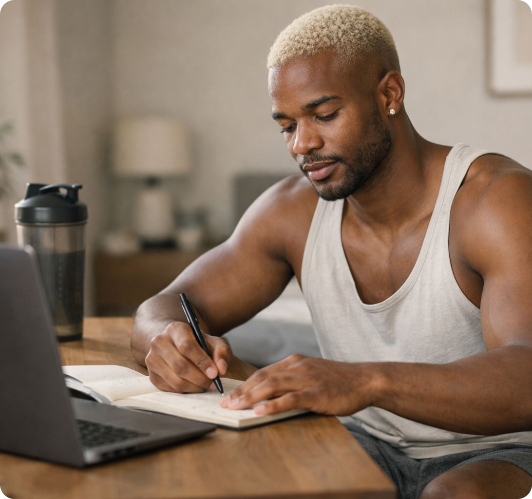 man writing in notebook